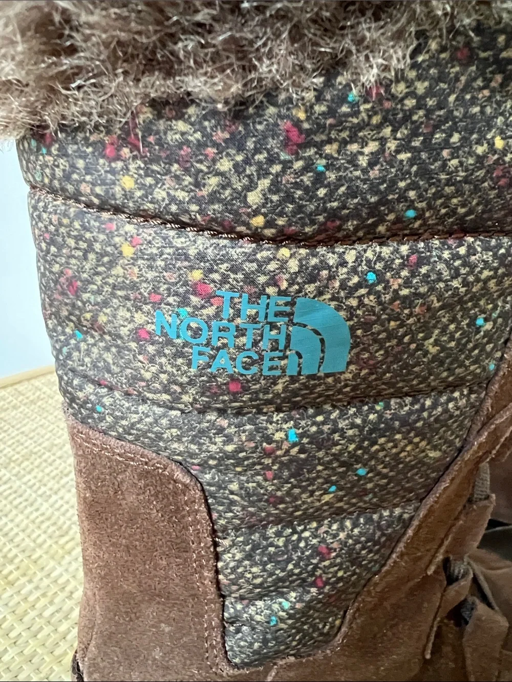 The North Face Nuptse Purna winter boots brown suede multi tweed faux fur 8.5